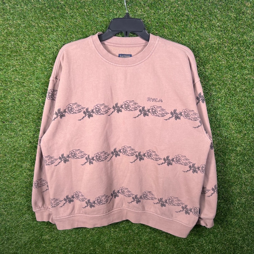 RVCA Dayshift Collection Rose Flame Graphic Sweatshirt Mauve Mens XS XS/TP/XCH